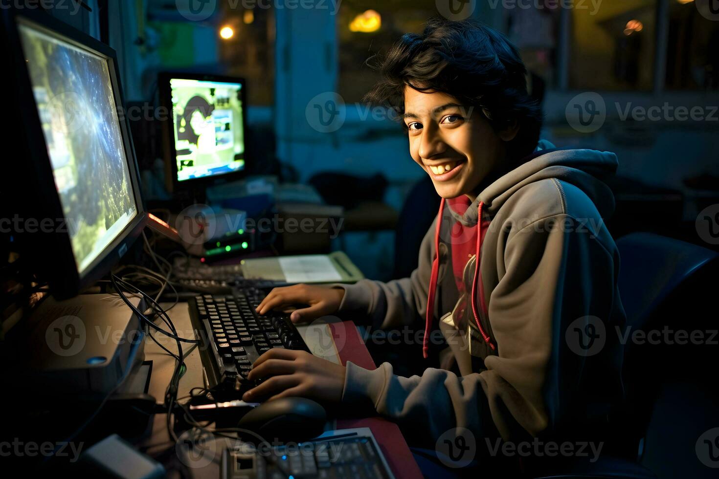 Indian teenager is working at a computer. Indian student studying online. AI Generative photo