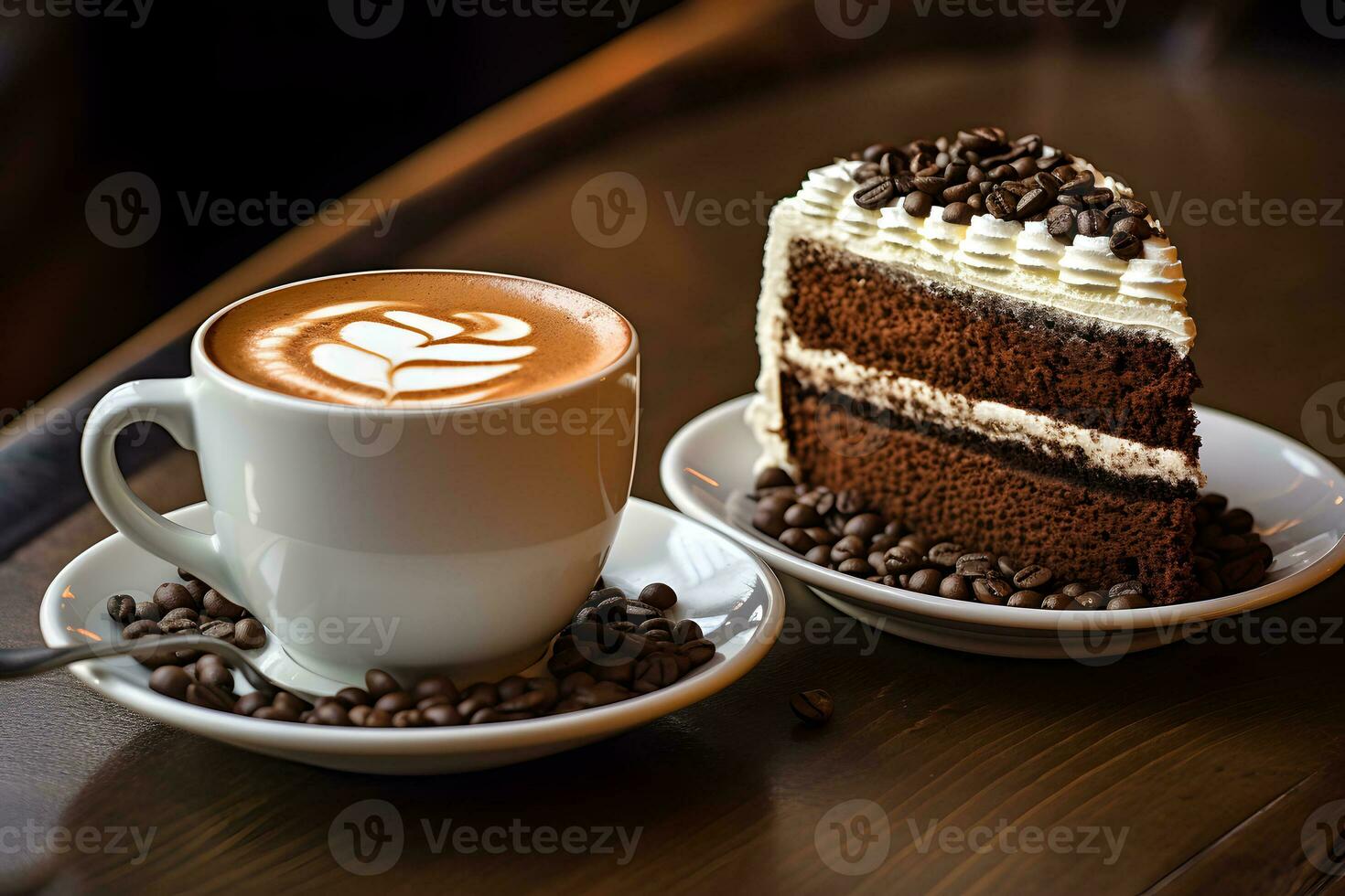 a cup of delicious coffee And a PIECE of cake on the table in a cozy city cafe. AI Generative photo