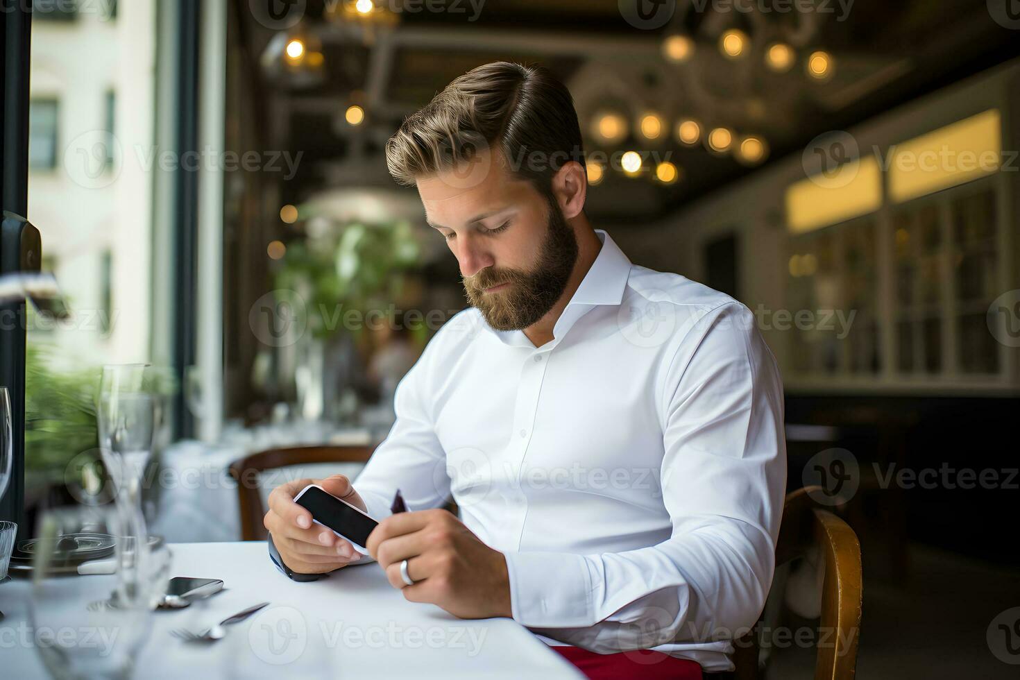 man tests his blood sugar level with a portable device. AI Generative photo