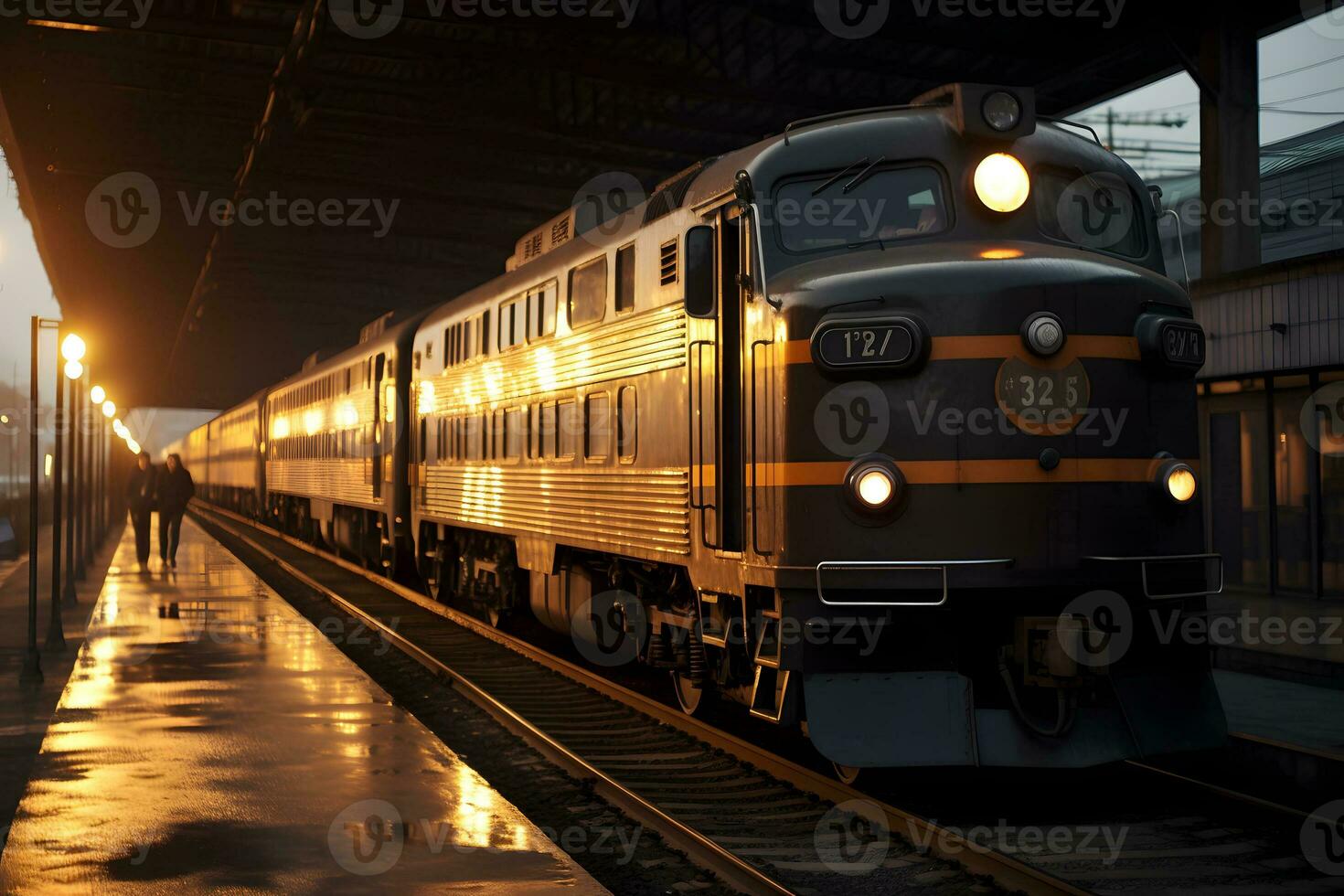 a long-distance passenger train at a railway station in the sunset sunlight. AI Generative photo