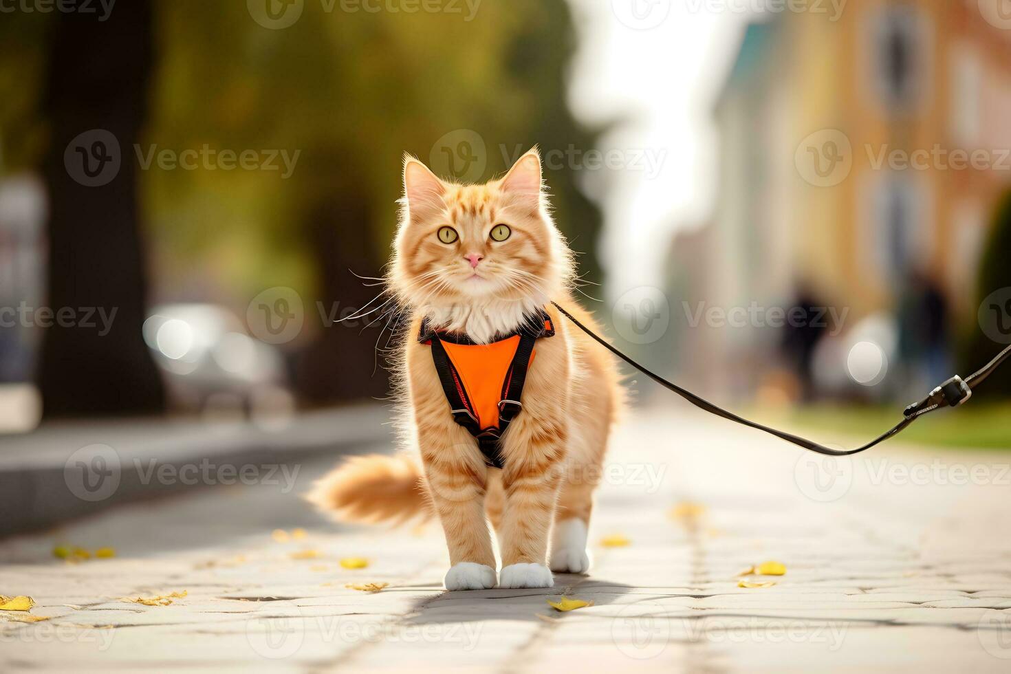 a redhaired cat on a harness walks around a sunny city. AI Generative 33945680 Stock Photo at