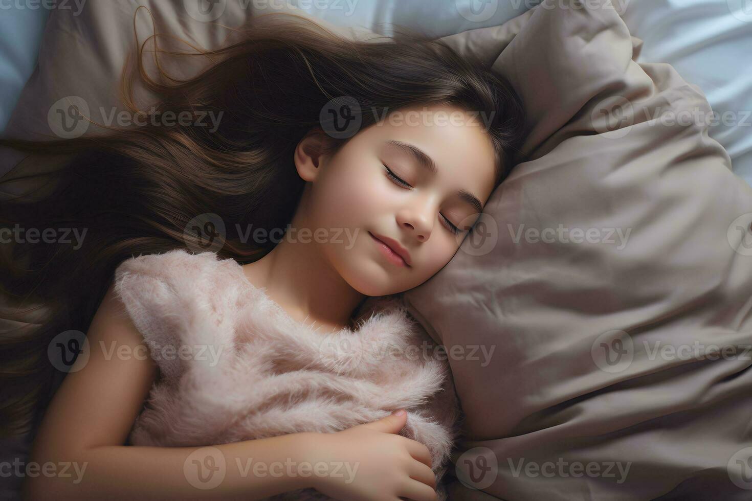 girl sleeps peacefully and sweetly in her bed and has fabulous dreams. AI Generative photo