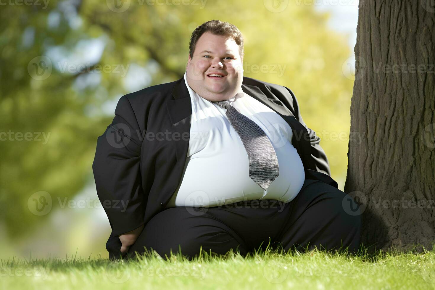 fat man in a business suit with a huge belly is sitting on grass in a city park. AI Generative photo