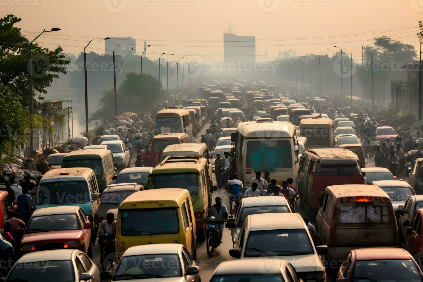 tráfico Enjambres en el carreteras de India. un grande número de carros, peatones y ciclomotores. ai generativo foto