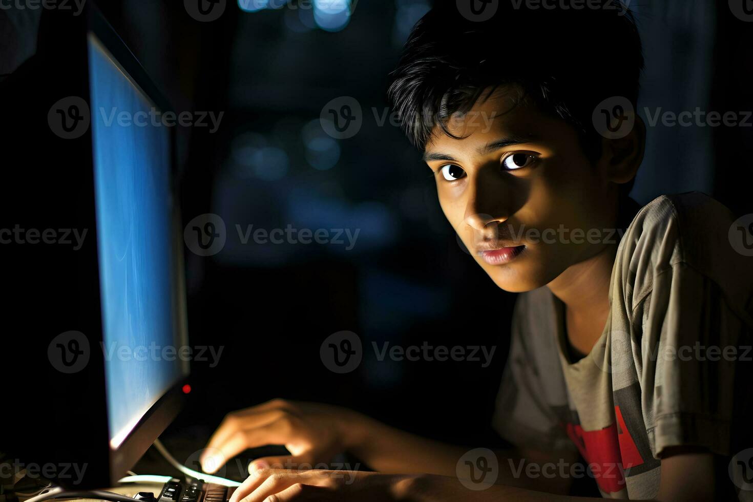 Indian teenager is working at a computer. Indian student studying online. AI Generative photo