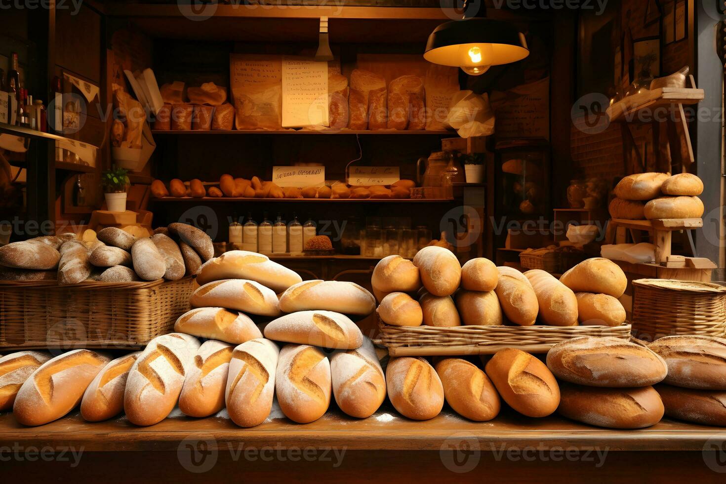 Bread shop. Various types of fresh bread loaves on the shelves of private bakery. AI Generative photo