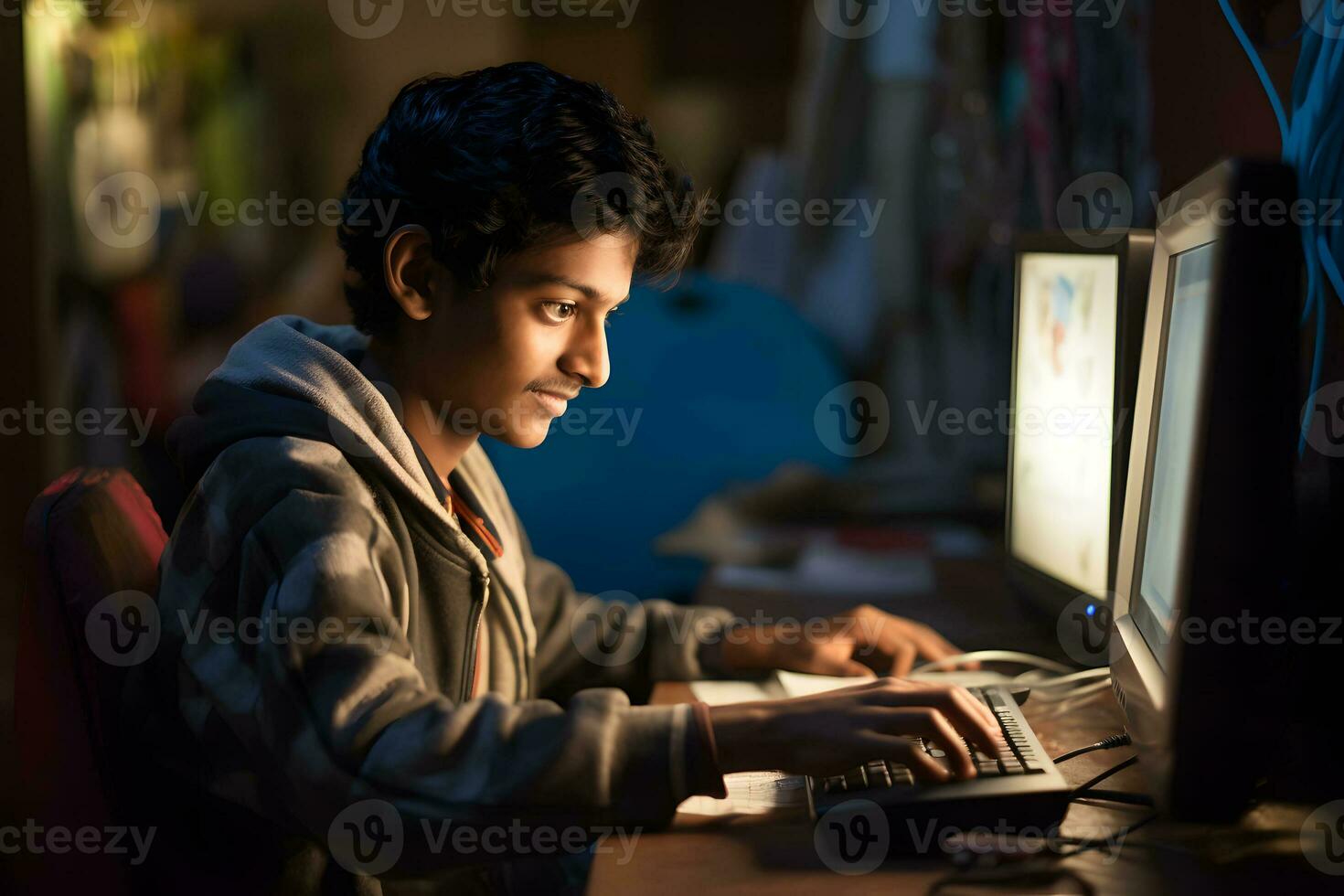 Indian teenager is working at a computer. Indian student studying online. AI Generative photo