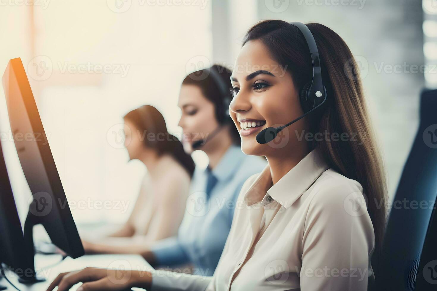 a pretty girl is an operator in a call center. the operator is a female agent. AI Generative photo