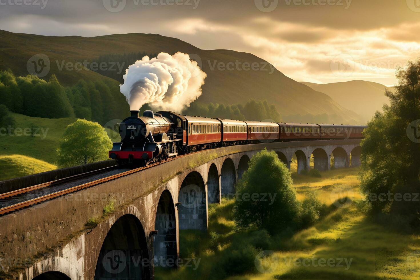 ancient passenger long-distance train rides at speed. AI Generative photo