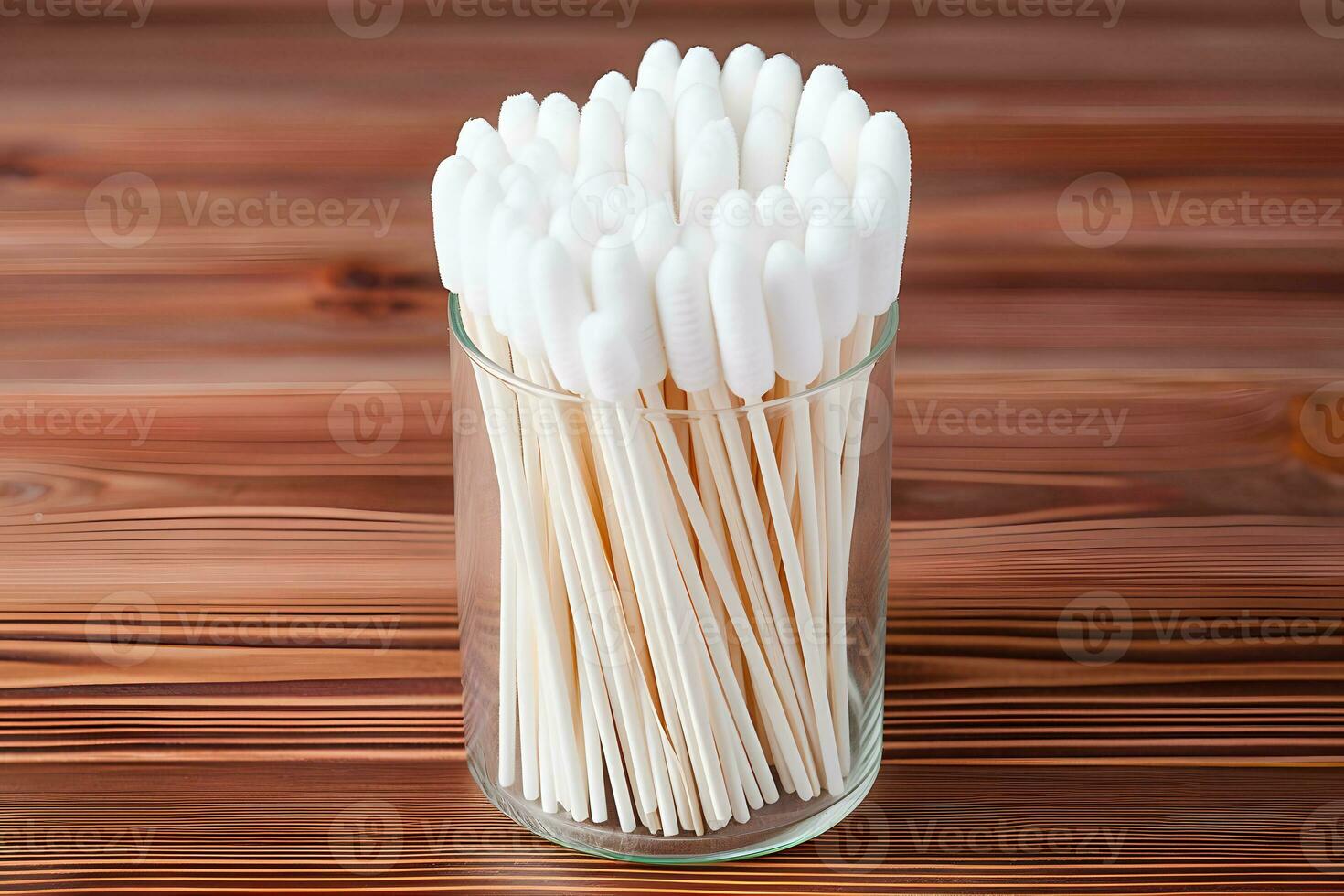 hygienic ear cotton buds in a box on a wooden countertop. AI Generative photo