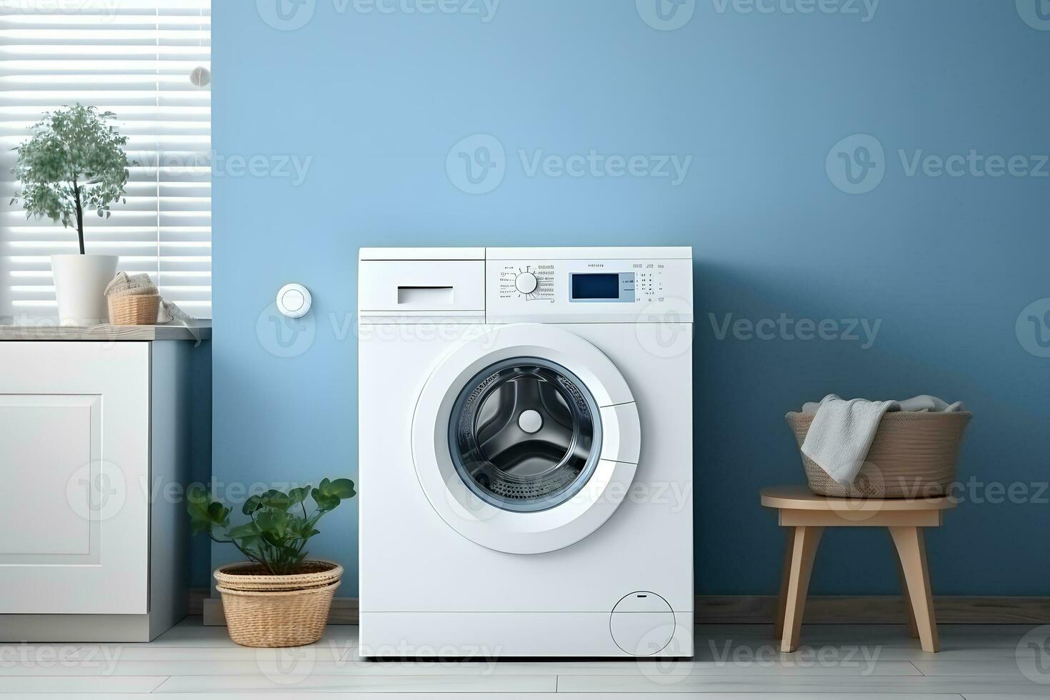 Bathroom interior with modern washing machine and blue walls. AI Generative photo