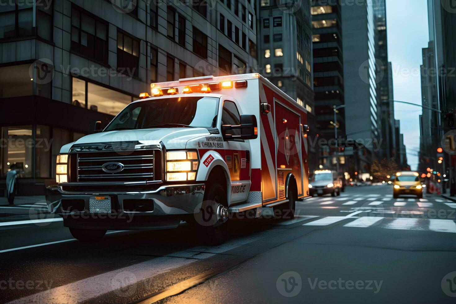 ambulancia en el antecedentes de el ciudad. ai generativo foto