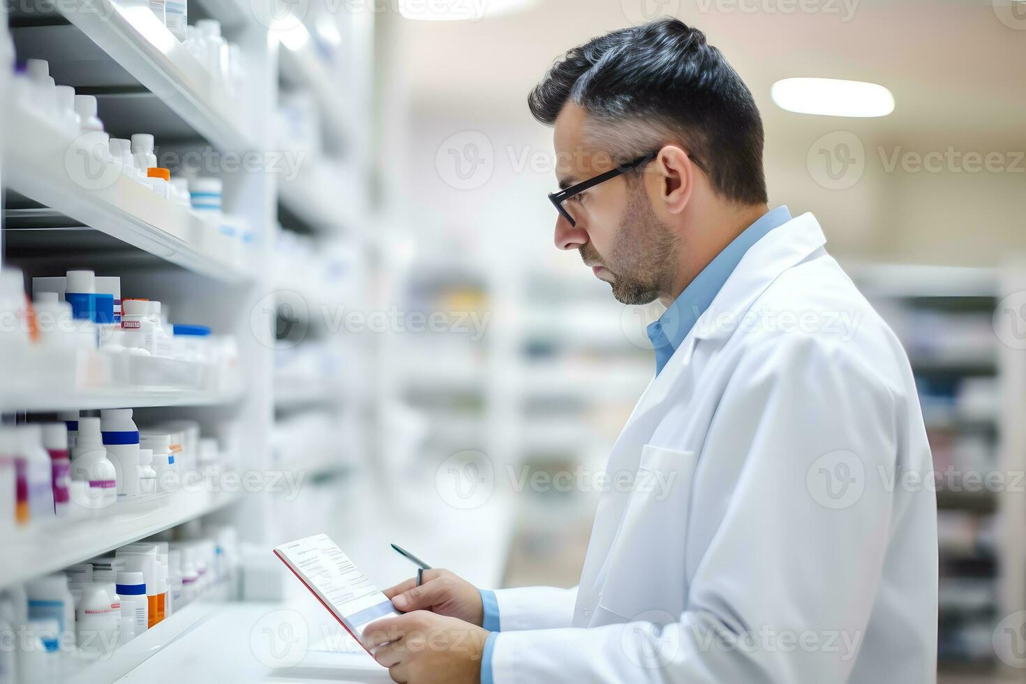 farmacéutico cheques medicamentos en un estante en un farmacia. ai generativo foto