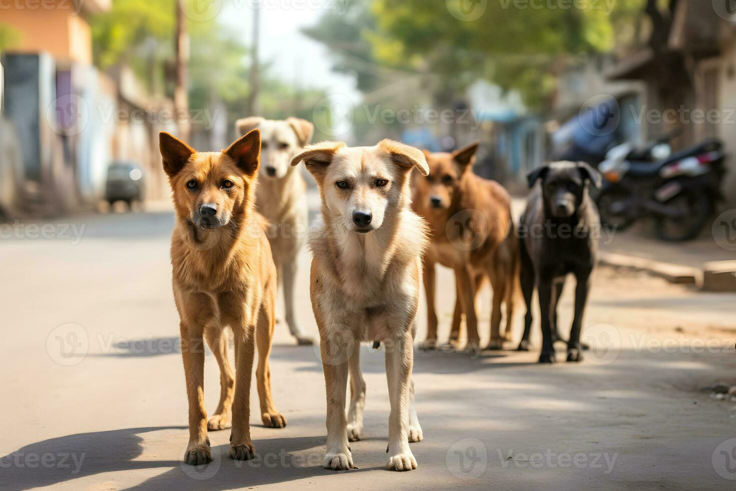 pack of stray stray dogs on a city street. problem of abandoned stray animals. AI Generative photo
