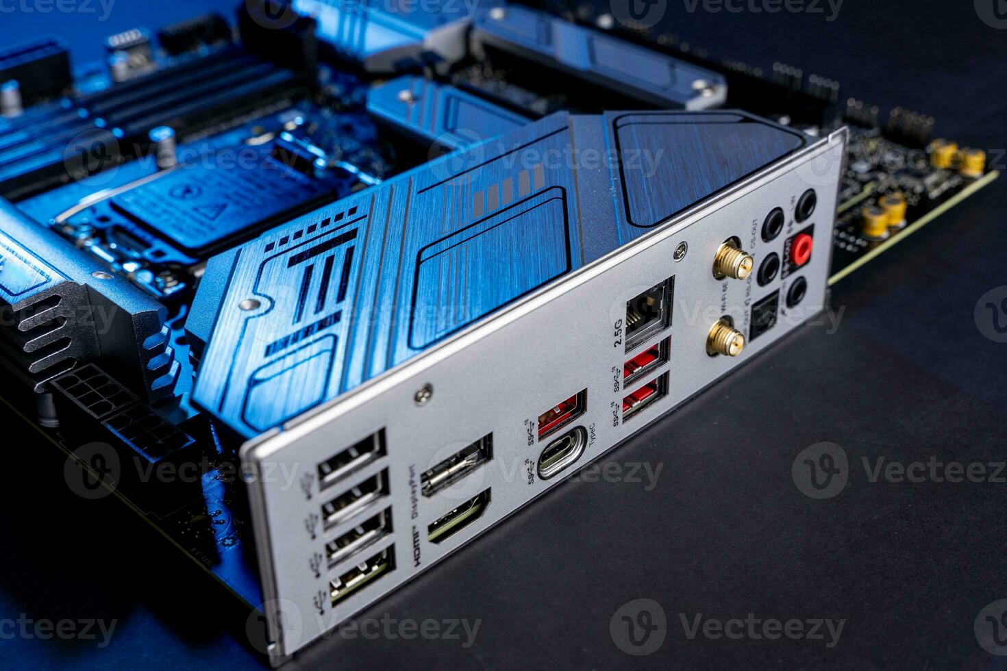modern powerful and fast motherboard with connectors for HDMI and USB photo