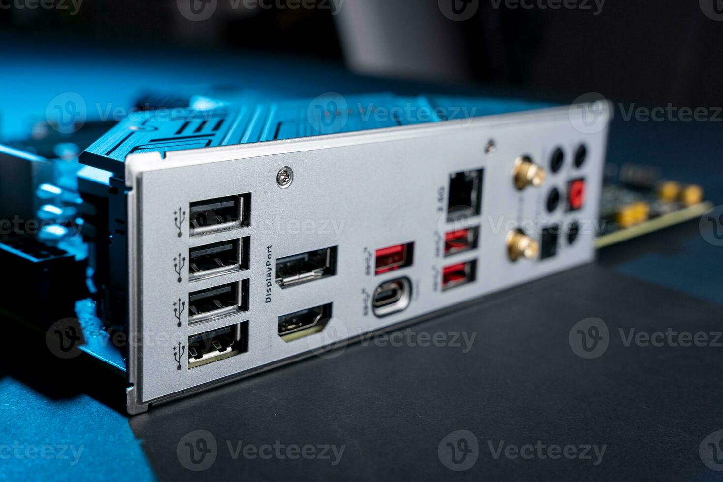 modern powerful and fast motherboard with connectors for HDMI and USB photo