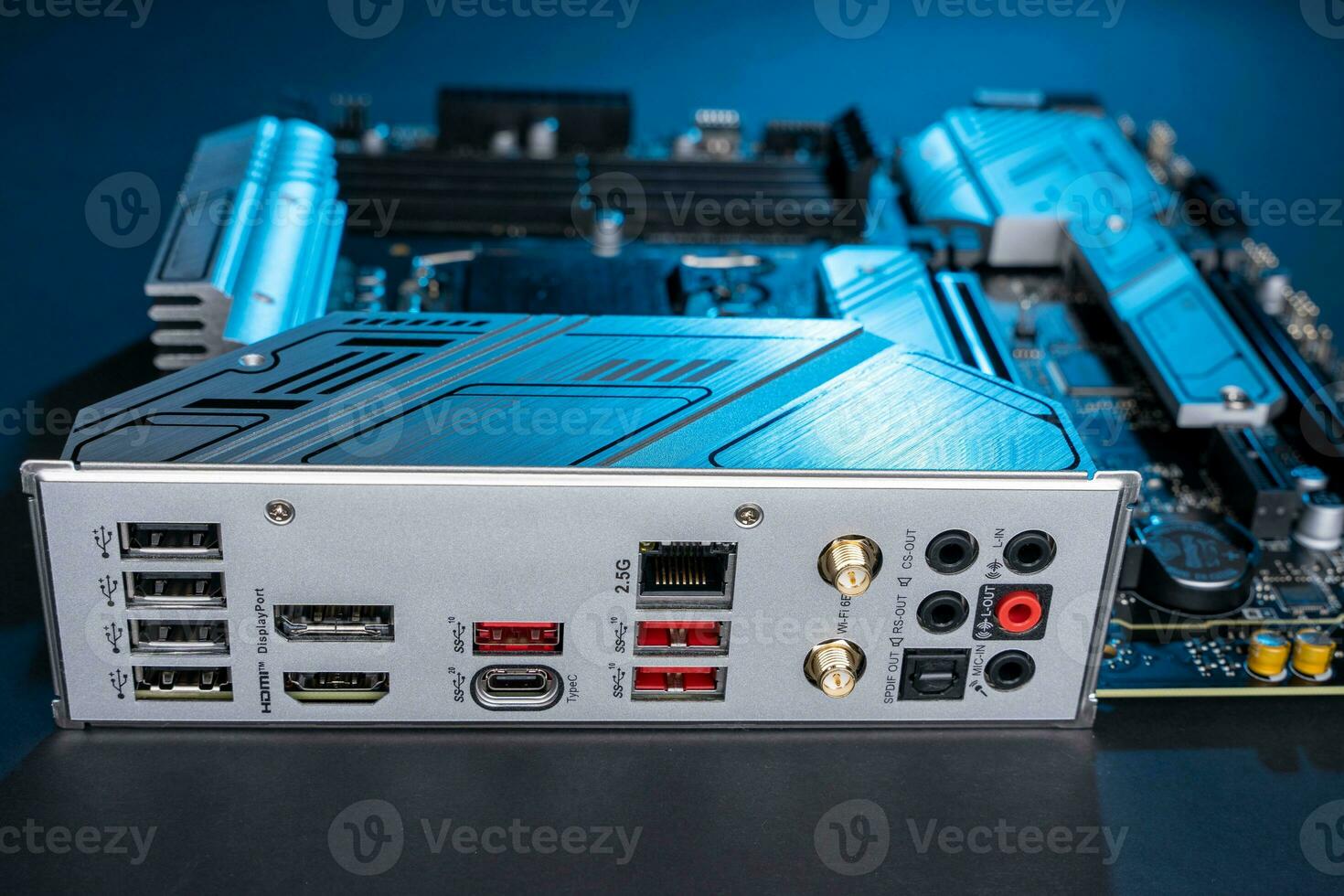modern powerful and fast motherboard with connectors for HDMI and USB photo