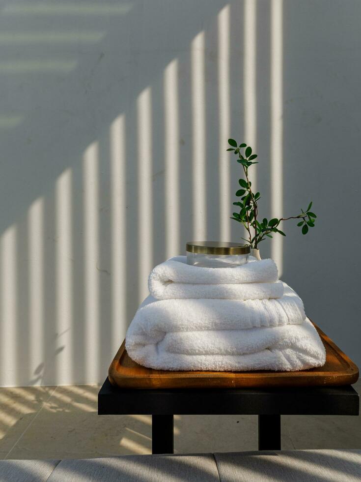 Close-up, towels and copy space for montage your product display photo