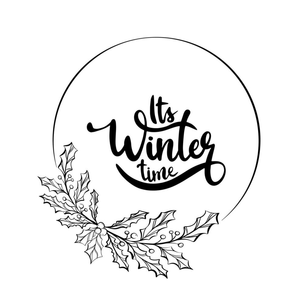 Winter christmas wreath with leaves, berries, poinsettia and branch twigs. Vector illustration. Modern design for Holidays invitation card, poster, banner, greeting card, postcard, packaging, print.