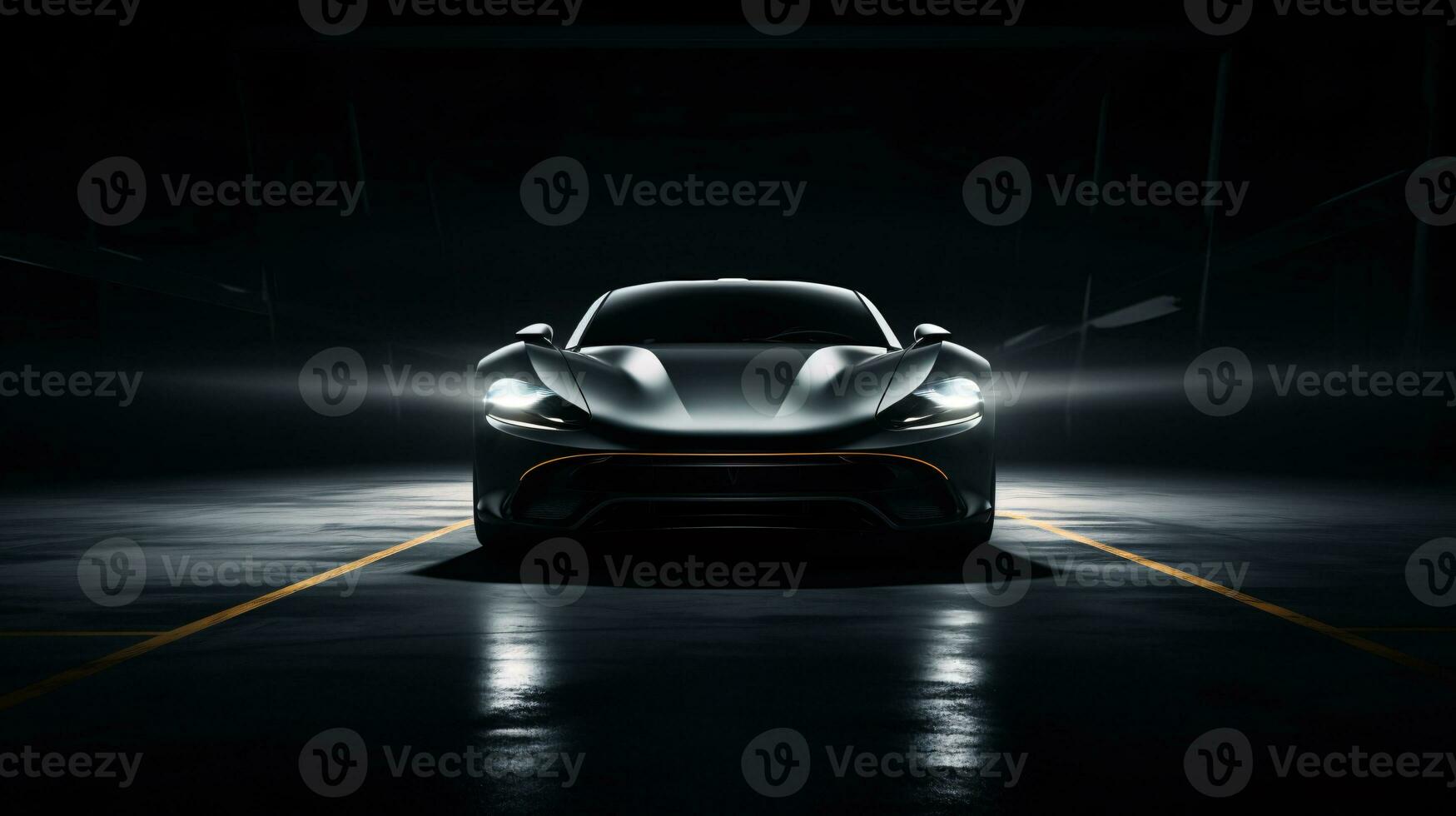 Luxury expensive car parked on dark background. Sport and modern luxury design gray car. Shiny clean lines and detailed front view of modern automotive. Automotive advertising banner. Generative AI. photo