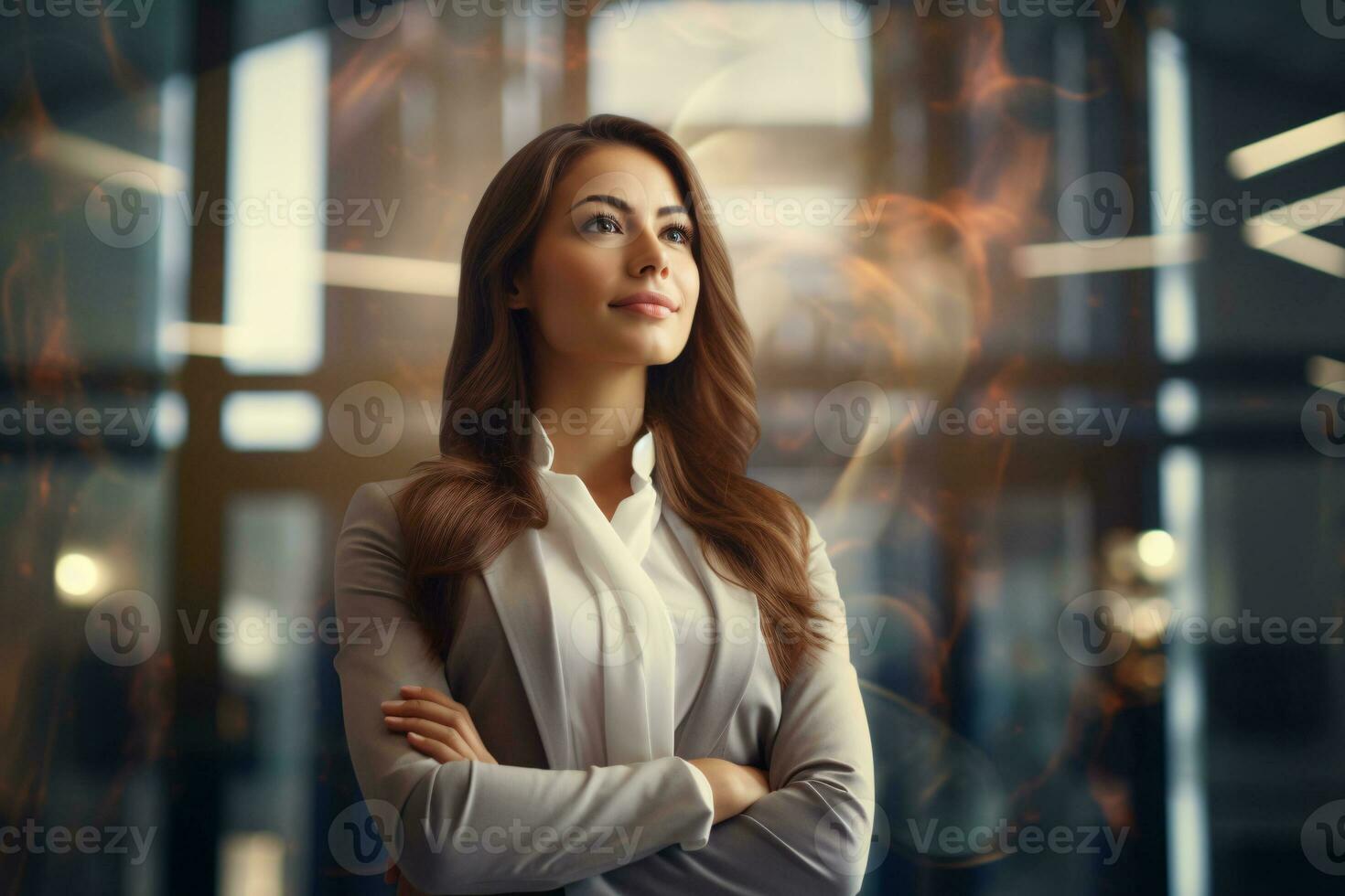 Confident business woman in modern corporate office. Portrait of confident female entrepreneur in a startup enterprise. Confidence and achievement in startup. Successful businesswoman. Generative AI. photo