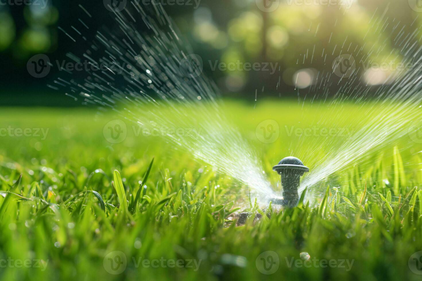 Automatic lawn sprinkler watering green grass. Sprinkler with automatic system. Garden irrigation system watering lawn. Water saving or water conservation from sprinkler system. Generative AI. photo