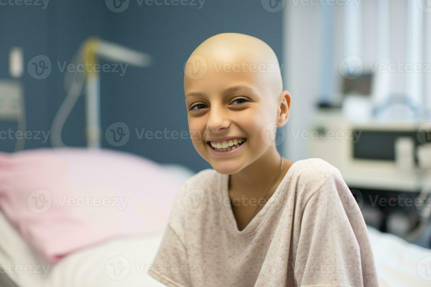 Happy cancer patient. Smiling girl after chemotherapy treatment at hospital oncology department. Leukemia cancer recovery. Cancer survivor. Portrait of a smiling bald cute teen girl. Generative AI. photo