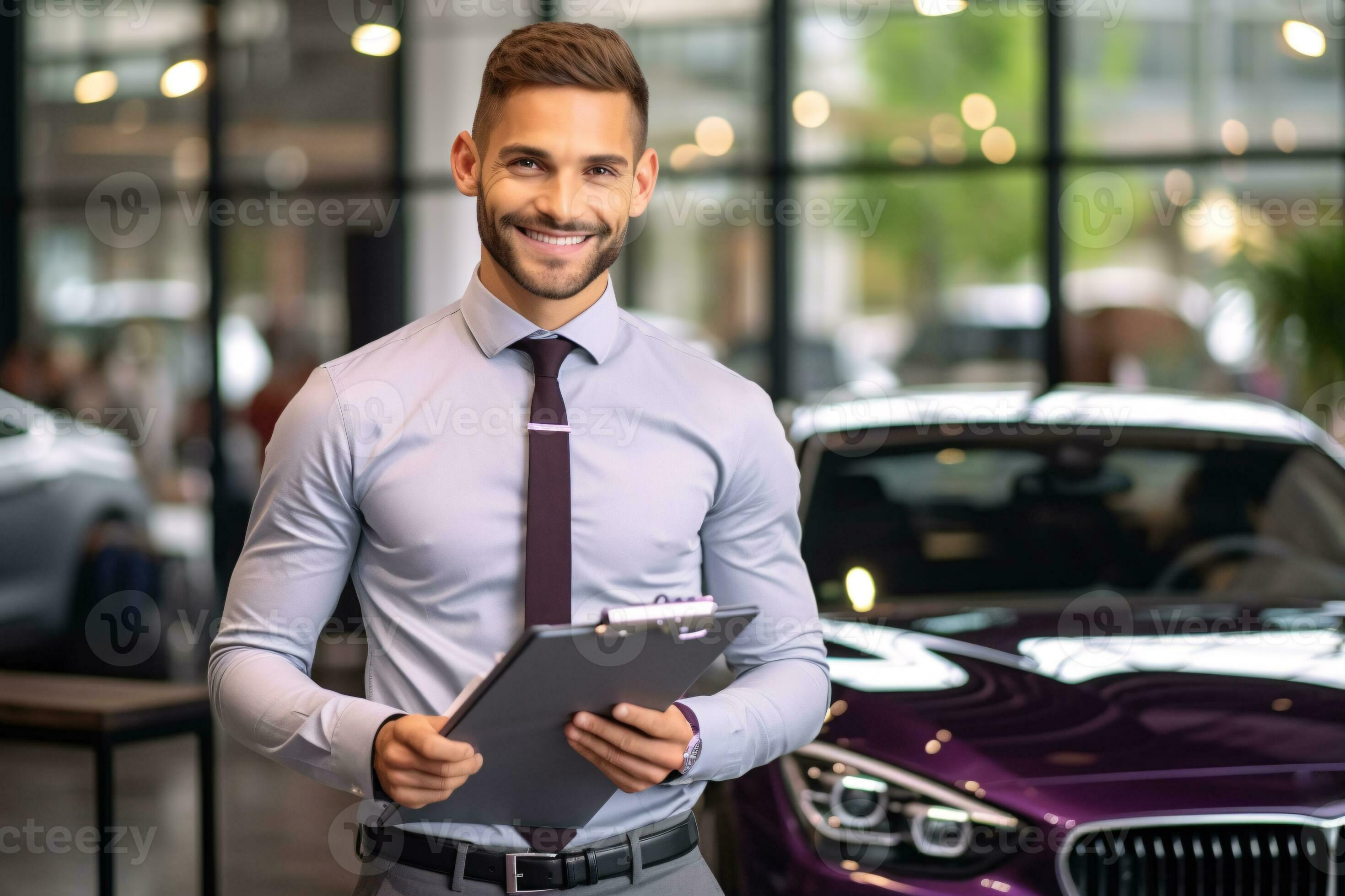 Professional luxury car salesman in luxury showroom Smiling salesman Professional luxury car salesman in luxury showroom Smiling salesman
