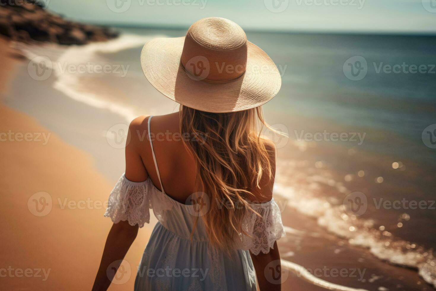 Back view of young woman with straw hat at sand beach on summer vacation. Summer vibe concept. Happy girl enjoy and relax beauty beach and ocean. Summer holiday. Coastal relaxation. Generative AI. photo