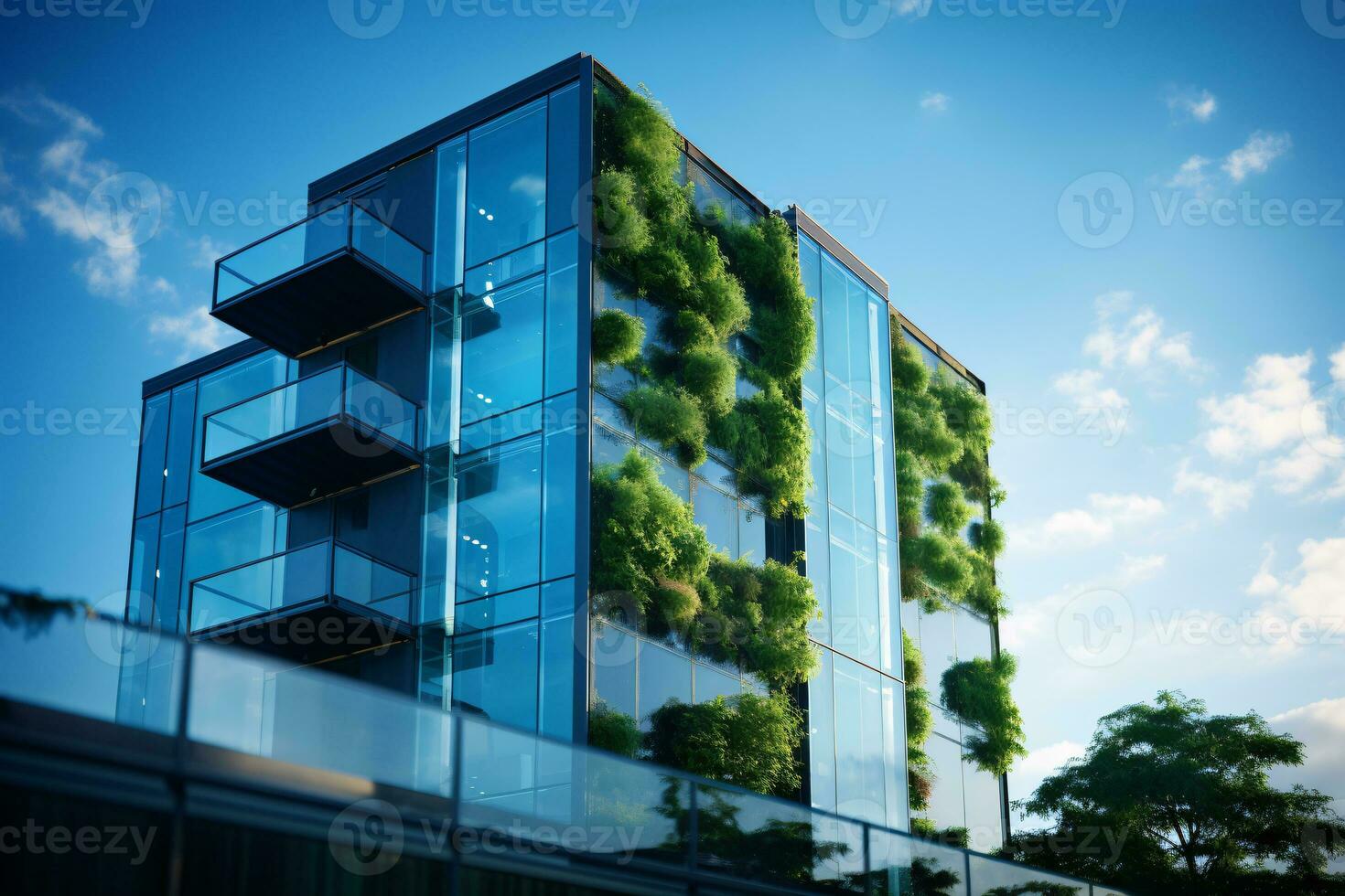 Eco-friendly building in the modern city. Sustainable glass office building with tree for reducing carbon dioxide. Office building with green environment. Corporate building reduce CO2. Generative AI photo