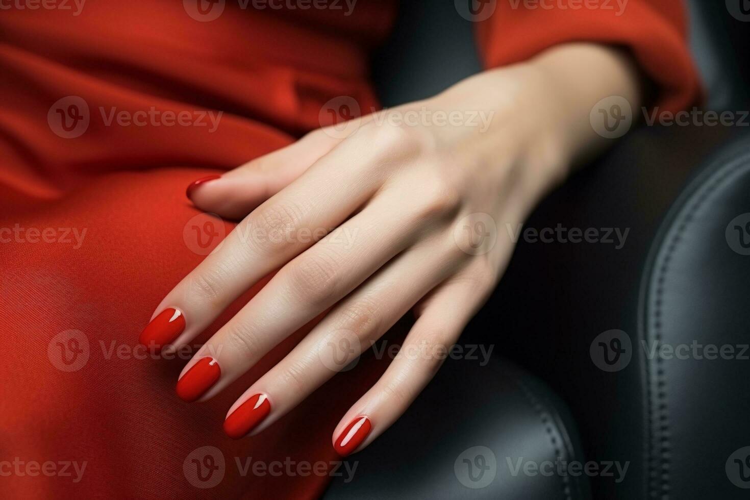 glamour mujer mano con clásico rojo uña polaco en su uñas rojo uña manicura con gel polaco a lujo belleza salón. uña Arte y diseño. hembra mano modelo. francés manicura. generativo ai. foto