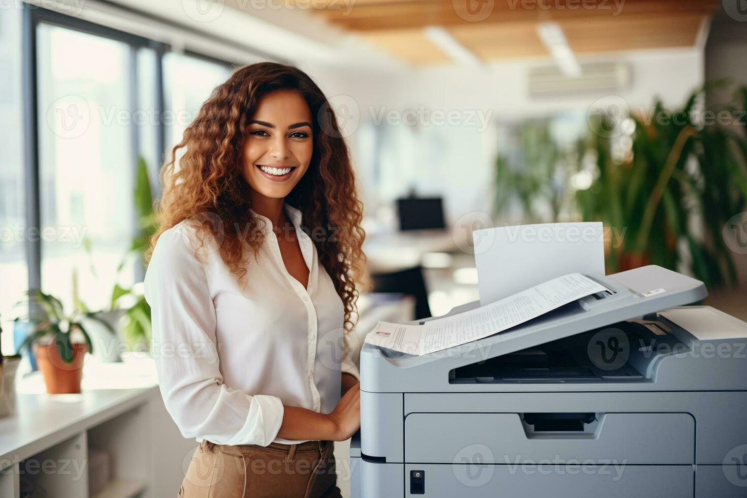 Office worker prints paper on multifunction laser printer. Document and paperwork concept. Secretary work. Smiling woman working in business office. Copy, print, scan, and fax machine. Generative AI. photo