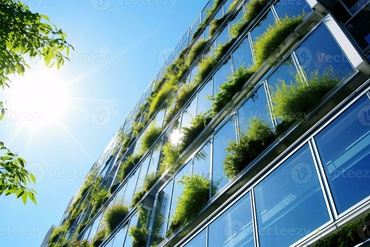 Eco-friendly building in the modern city. Sustainable glass office building with tree for reducing carbon dioxide. Office building with green environment. Corporate building reduce CO2. Generative AI photo