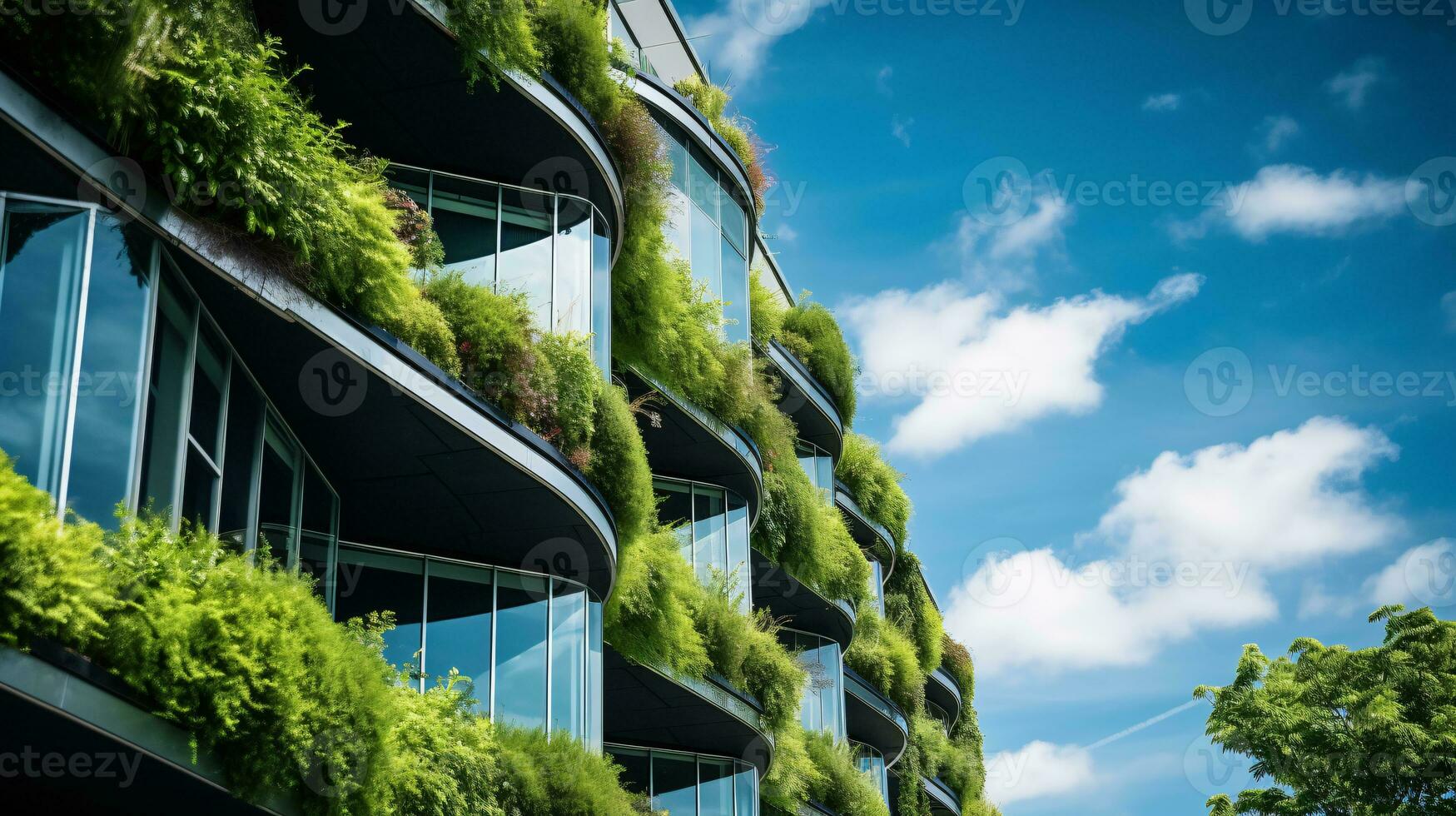 Eco-friendly building in the modern city. Sustainable glass office building with tree for reducing carbon dioxide. Office building with green environment. Corporate building reduce CO2. Generative AI photo