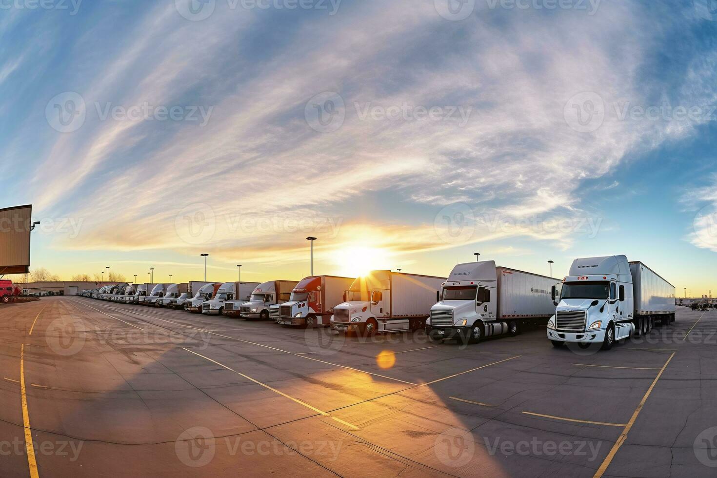 Fleet of trucks parked at parking lot yard of delivery company. Truck transport. Logistic industry. Freight transportation. Commercial truck for delivering goods from warehouse. Generative AI. photo