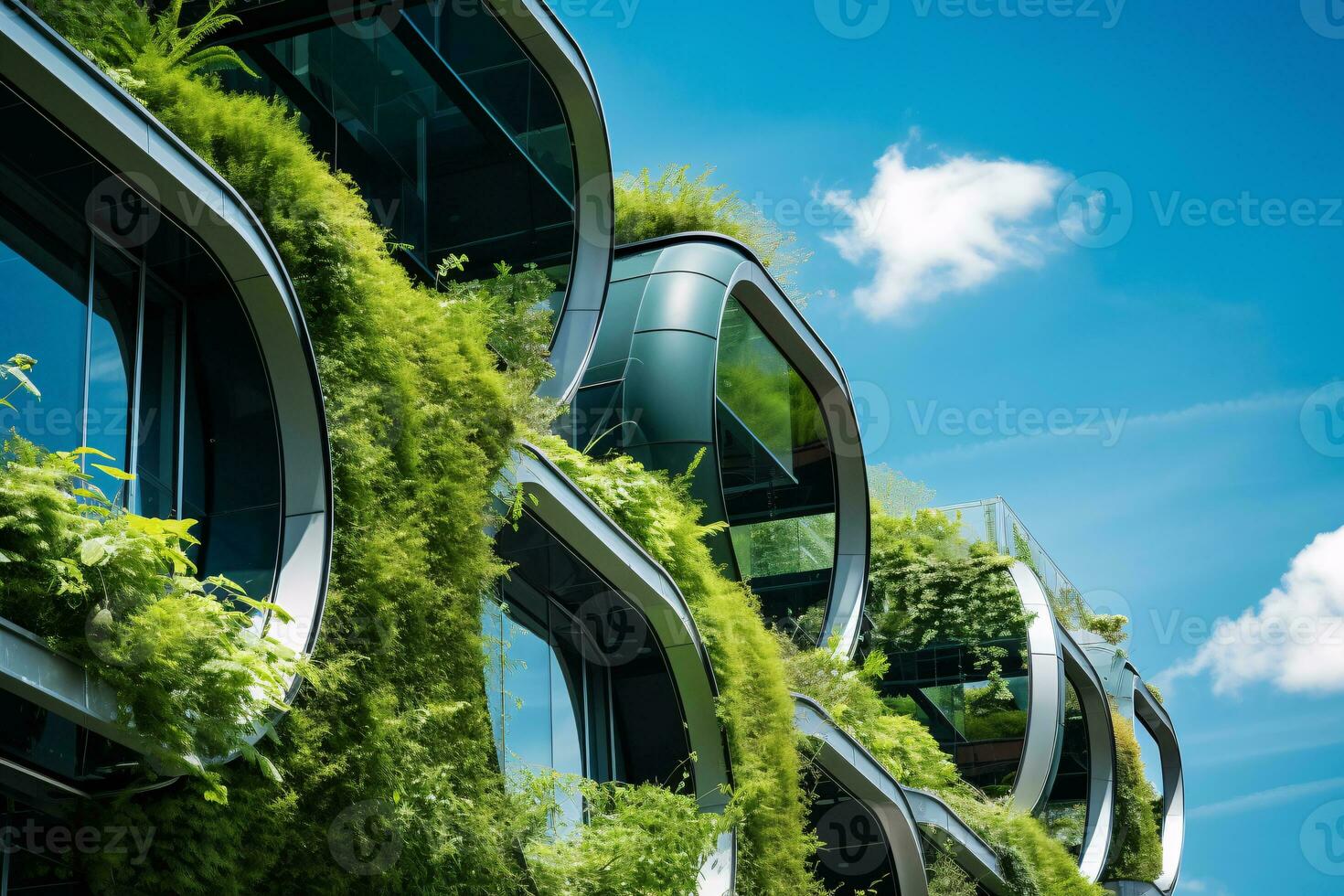 Eco-friendly building in the modern city. Sustainable glass office building with tree for reducing carbon dioxide. Office building with green environment. Corporate building reduce CO2. Generative AI photo