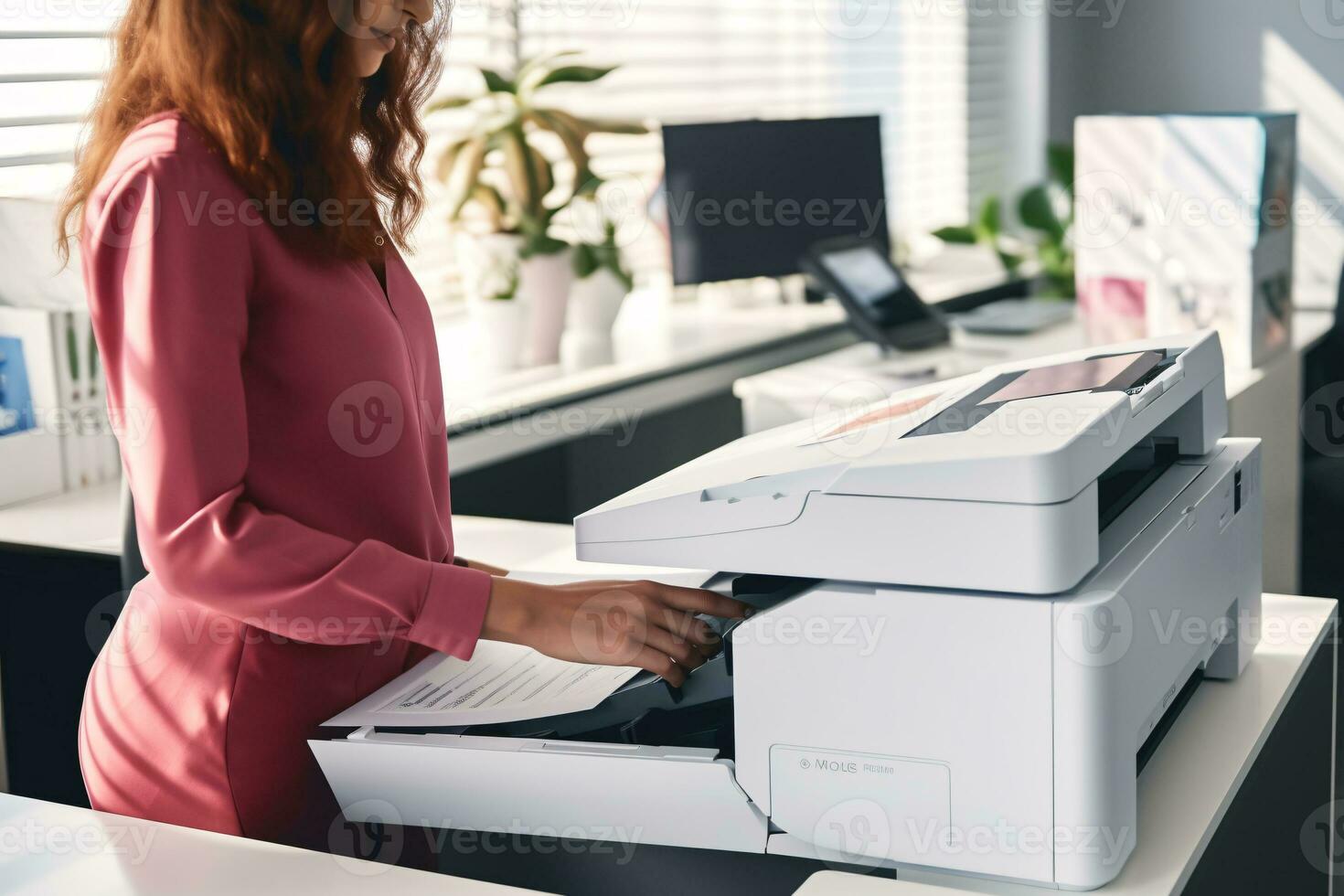 Office worker print paper on multifunction laser printer. Document and