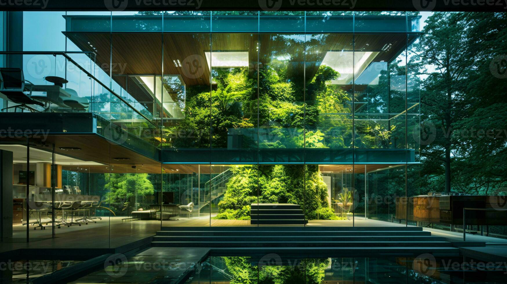 Sustainable green building. Energy efficient building. Sustainable glass office building with trees for reducing carbon dioxide. Office with green environment. Corporate building. Generative AI. photo