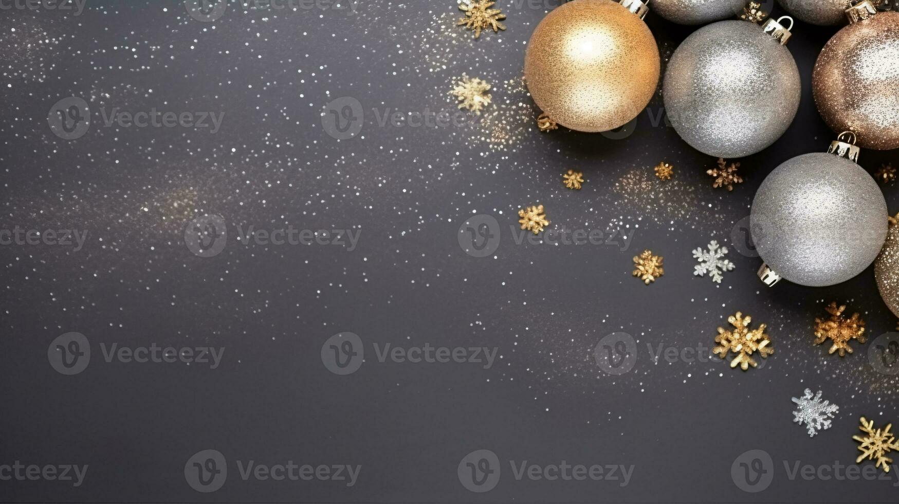 Top view of golden Christmas bauble ball decoration on black table background with copy space. Merry Christmas and New Year card background. Winter holiday Xmas concept. Frame for card. Generative AI. photo