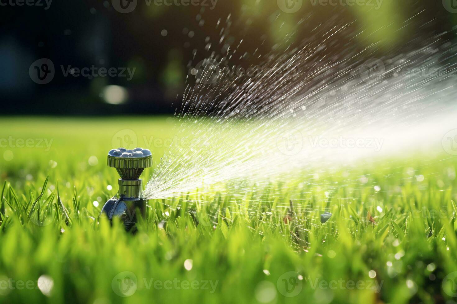 Automatic lawn sprinkler watering green grass. Sprinkler with automatic system. Garden irrigation system watering lawn. Water saving or water conservation from sprinkler system. Generative AI. photo