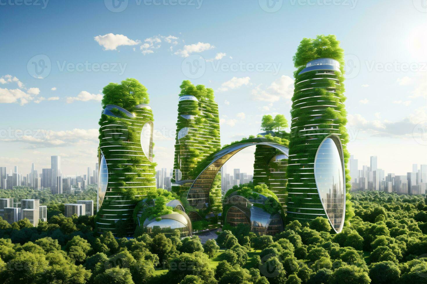 Sustainable green building in modern city. Green architecture. Eco-friendly building. Sustainable building with vertical garden reduce CO2. Futuristic building. Net zero emissions. Generative AI. photo