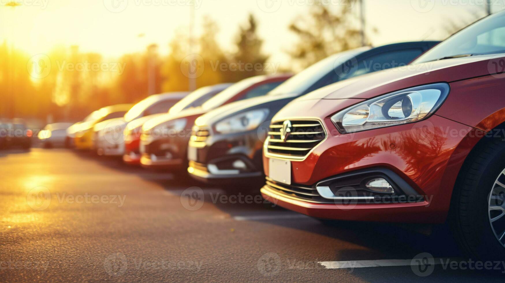Car parked at outdoor parking lot. Used car for sale and rental service. Car insurance background. Automobile parking area. Car dealership and dealer agent concept. Automotive industry. Generative AI. photo