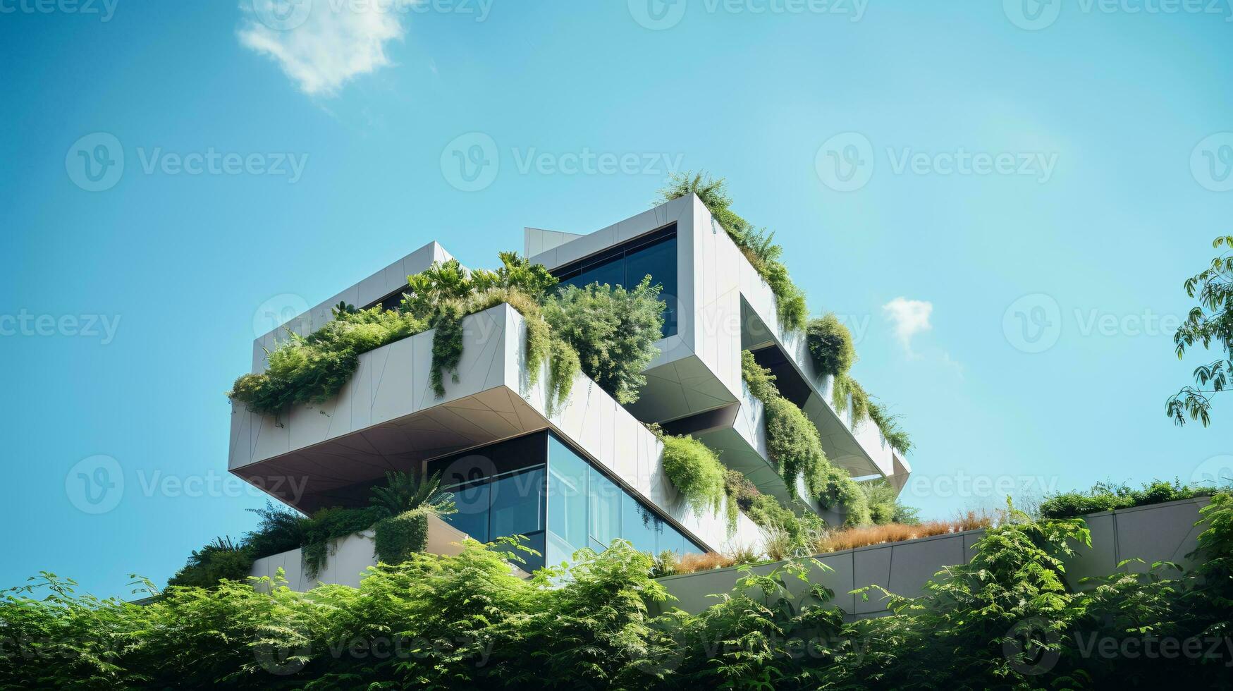 Eco-friendly building in the modern city. Sustainable glass office building with tree for reducing carbon dioxide. Office building with green environment. Corporate building reduce CO2. Generative AI photo