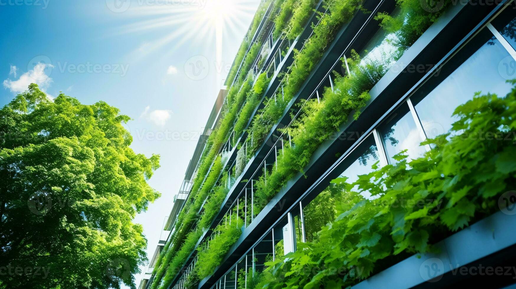 Eco-friendly building in the modern city. Sustainable glass office building with tree for reducing carbon dioxide. Office building with green environment. Corporate building reduce CO2. Generative AI photo