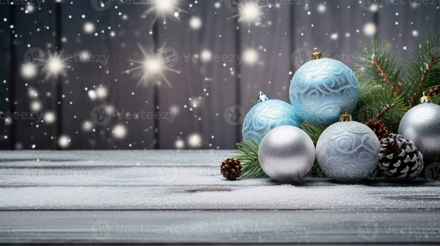 Blue and silver Christmas bauble ball with Christmas pine tree decoration on wooden table. Merry Christmas and New Year card background with copy space. Winter holiday Xmas concept. Generative AI. photo