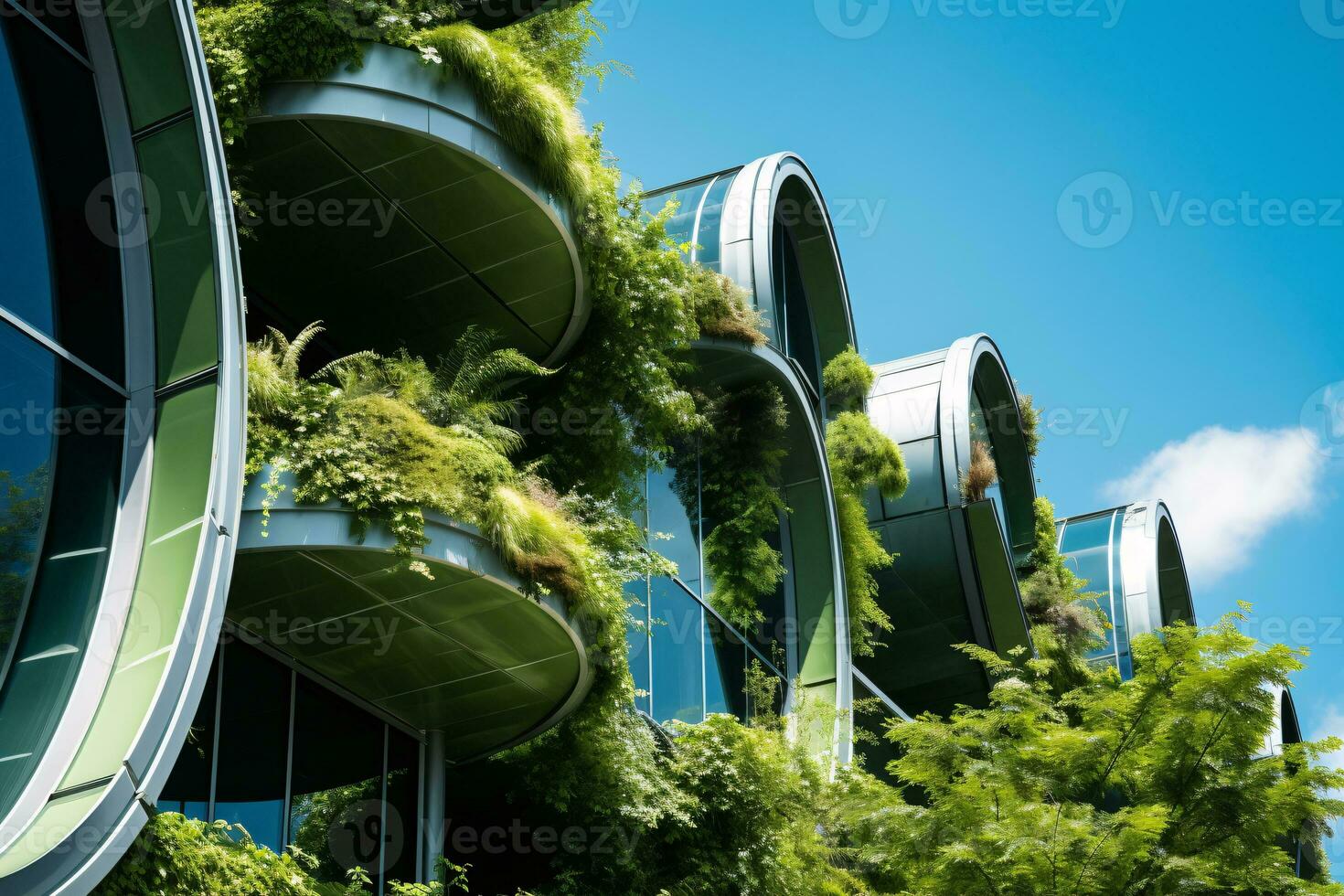 Eco-friendly building in the modern city. Sustainable glass office building with tree for reducing carbon dioxide. Office building with green environment. Corporate building reduce CO2. Generative AI photo