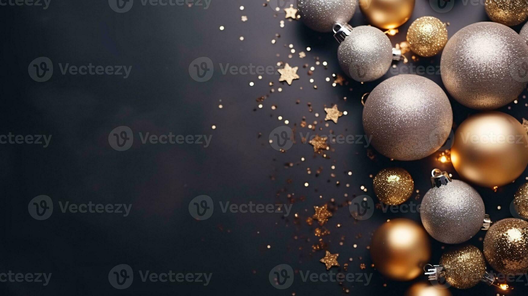 Top view of golden Christmas bauble ball decoration on black table background with copy space. Merry Christmas and New Year card background. Winter holiday Xmas concept. Frame for card. Generative AI. photo