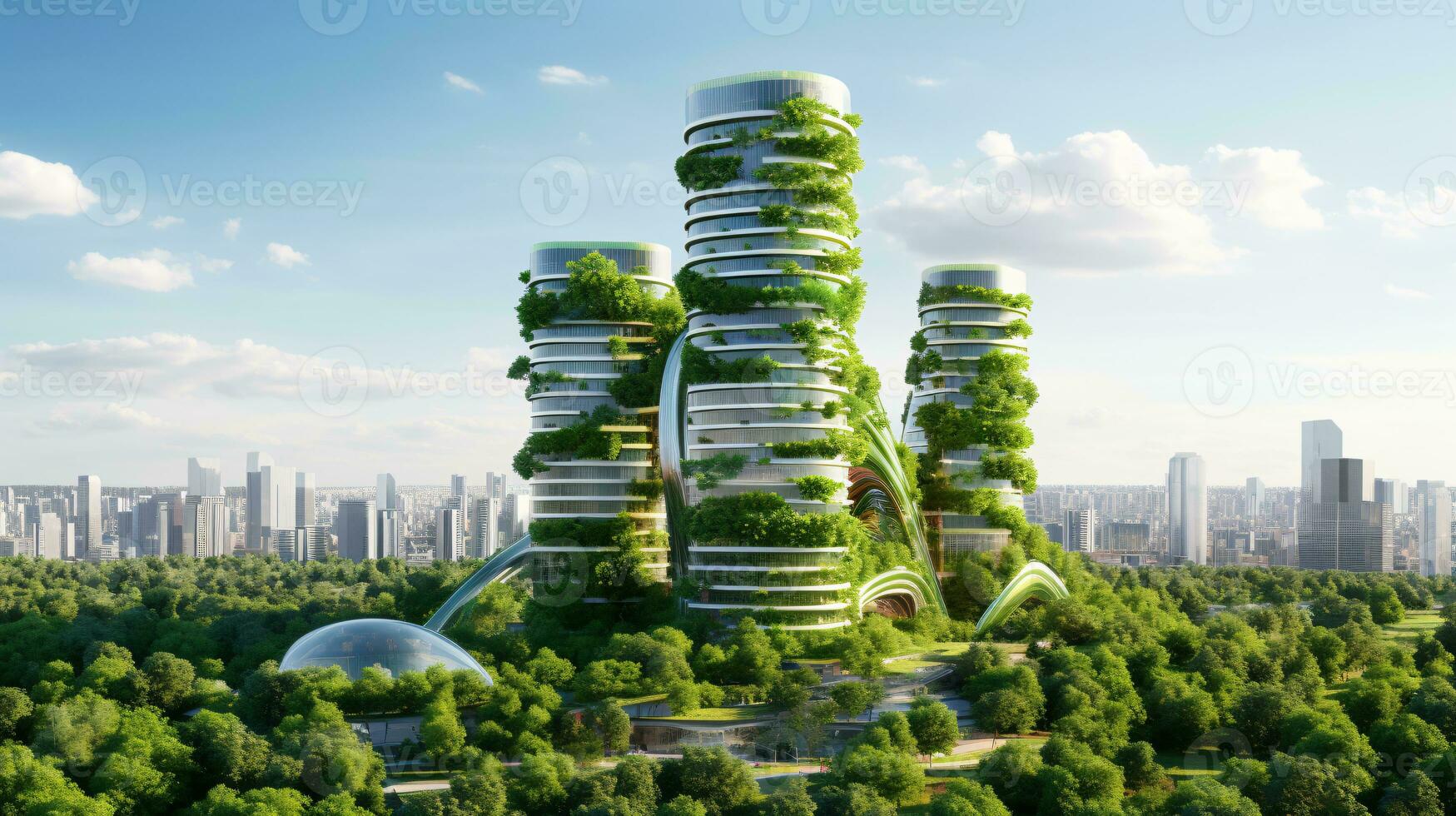 Sustainable green building in modern city. Green architecture. Eco-friendly building. Sustainable building with vertical garden reduce CO2. Futuristic building. Net zero emissions. Generative AI. photo