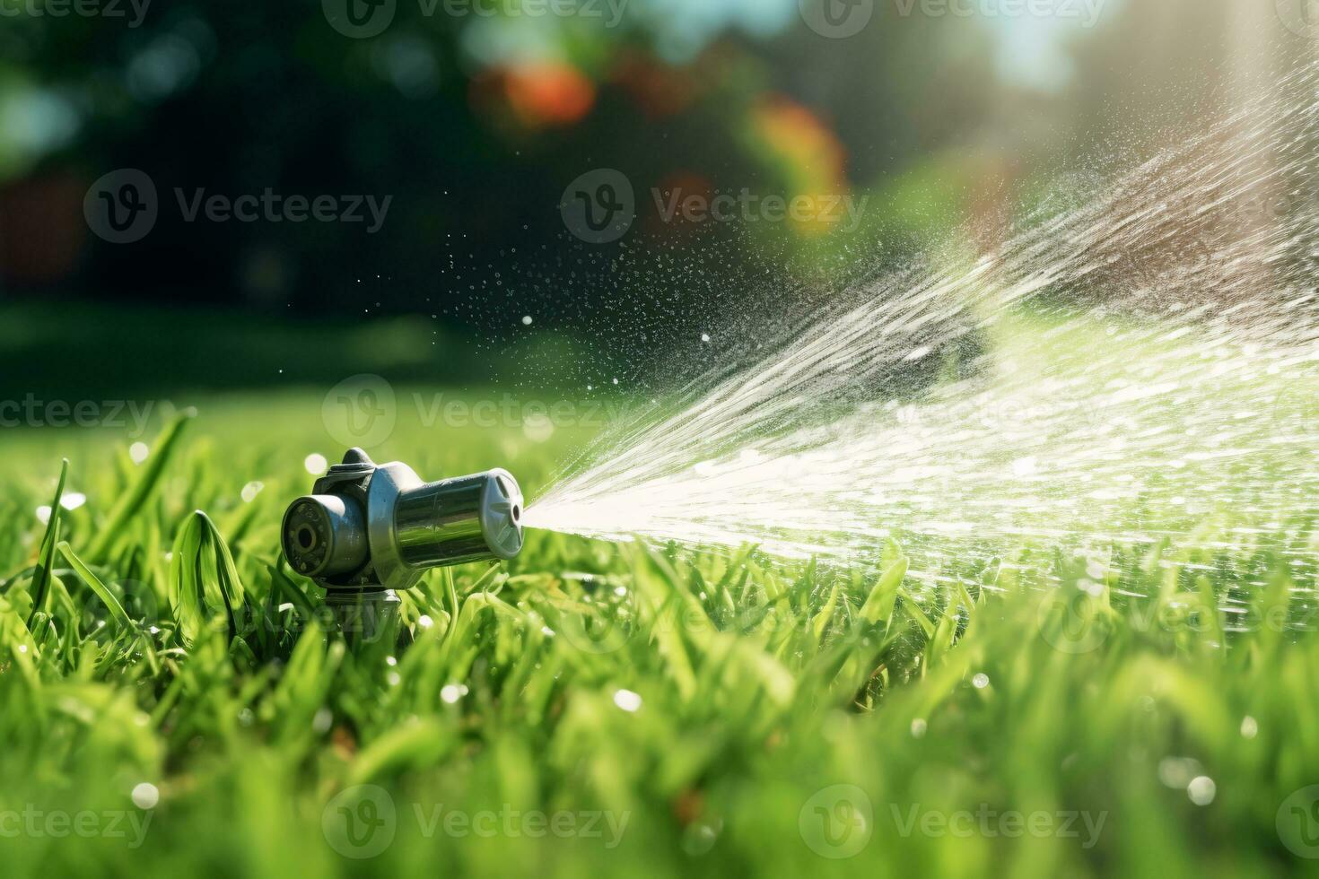 Automatic lawn sprinkler watering green grass. Sprinkler with automatic system. Garden irrigation system watering lawn. Water saving or water conservation from sprinkler system. Generative AI. photo