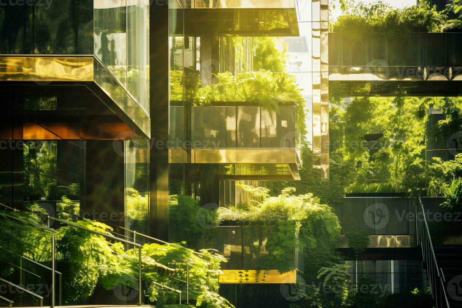 Eco-friendly building in the modern city. Sustainable glass office building with plant for reducing carbon dioxide. Office building with green environment. Corporate building reduce CO2. Generative AI photo